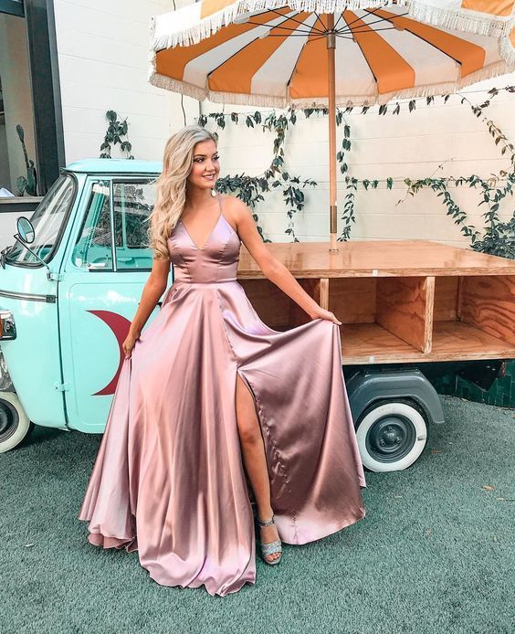 A-line V Neck Satin Long Prom Dress , Charming Prom Dress cg18162