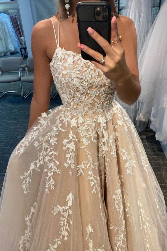A-line ivory lace appliqued long prom dress with double straps cg18183
