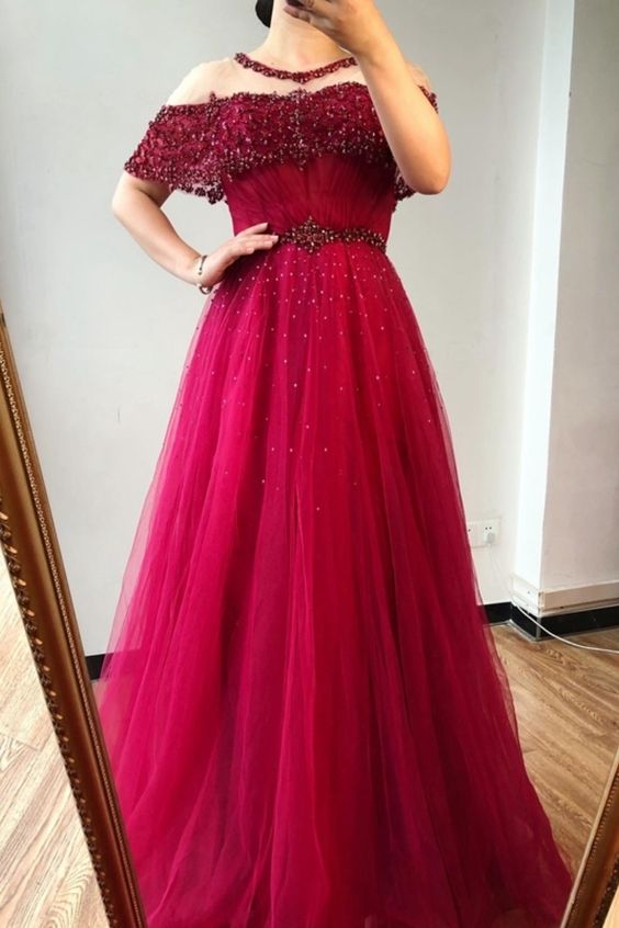 A-line red tulle long evening dress formal dress prom dress cg18186