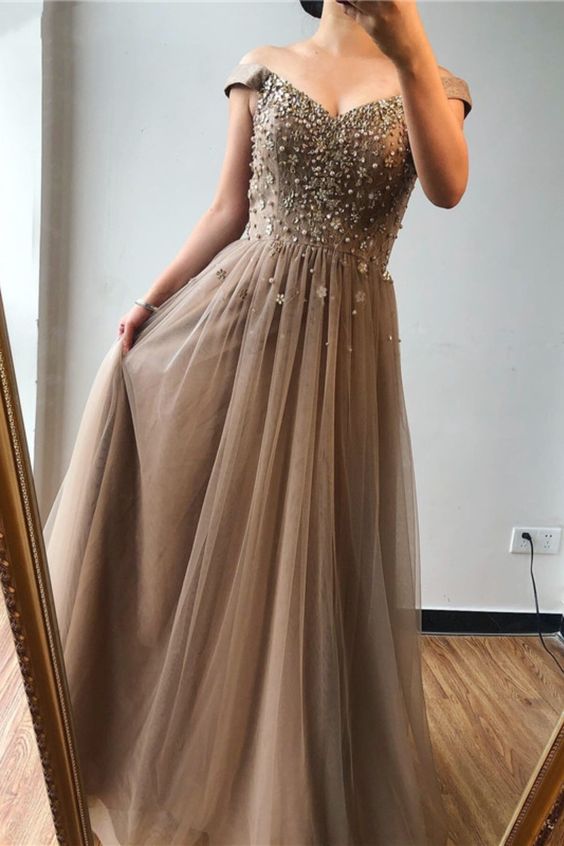 off the shoulder champagne A-line long evening dress formal dress 2021 prom dress cg18188