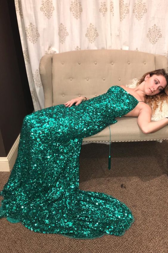 sparkle green sequined mermaid long evening dress formal dress with lace up back Prom Dress cg18191