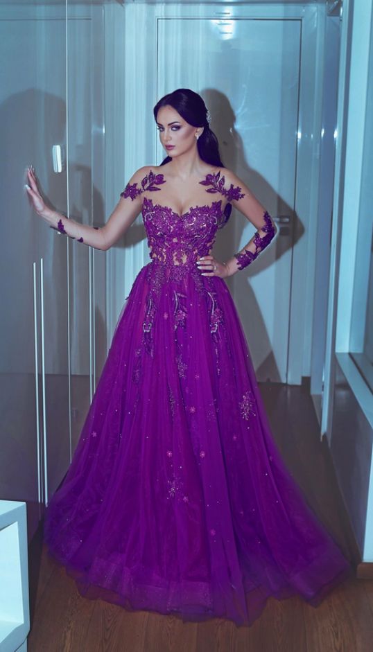 Purple Tulle Prom Dress Lace Appliques Women Party Dress cg18224