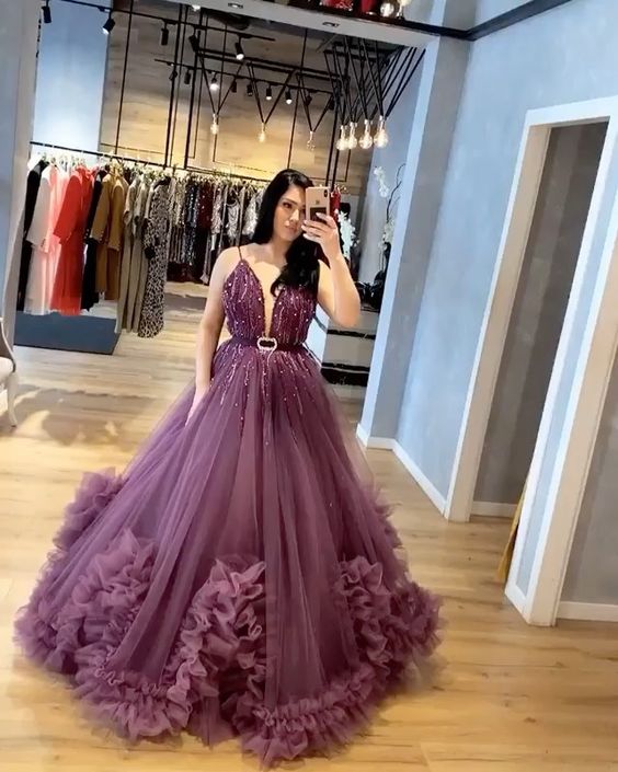Purple Tulle Prom Dress Lace Appliques Women Party Dress cg18225