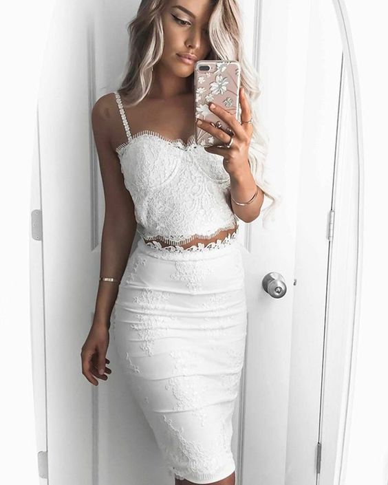 Two Piece Square Lace Bodice Knee Length White Graduation Dress Prom Dress, Formal Gown cg18241