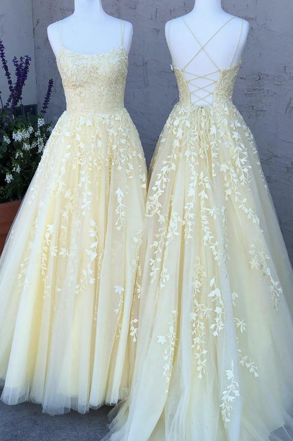 Yellow lace long A line prom dress evening dress cg18265