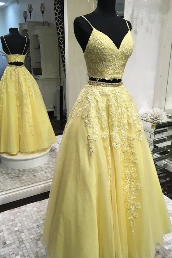 Yellow lace long A line prom dress two pieces evening dress cg18266