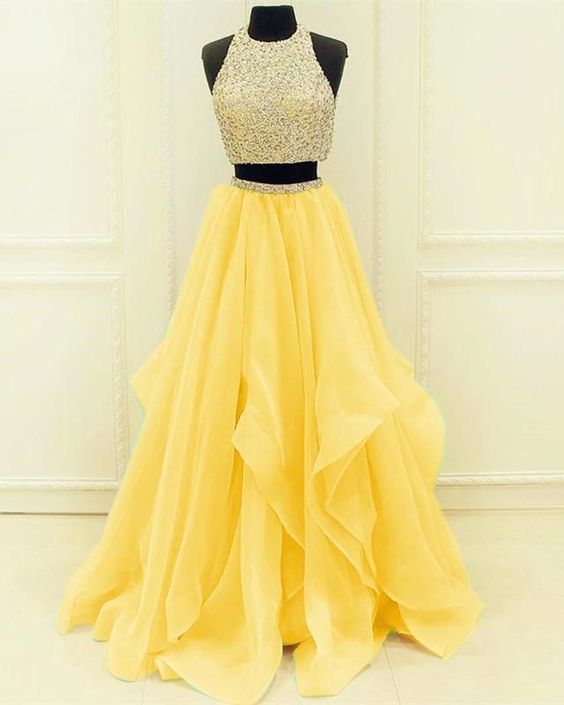 Sequined Beaded Top Organza Layered Prom Dresses Two Piece cg18286