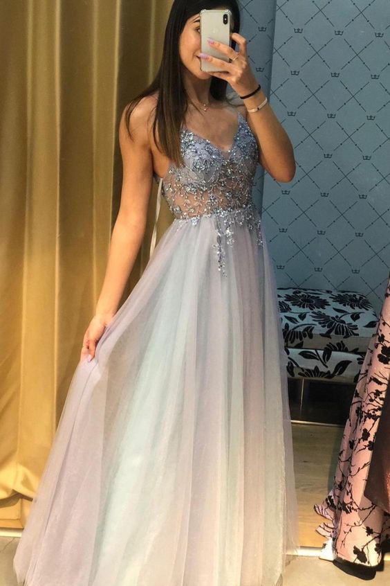 2021 A-line blue tulle long prom dress with beaded bodice cg18287