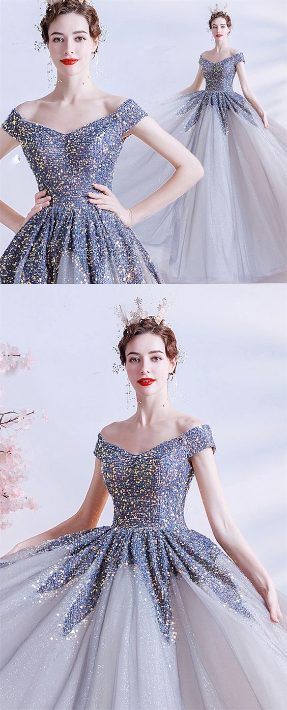 off the shoulder grey sequins long ball gown prom dress 2021 cg18293