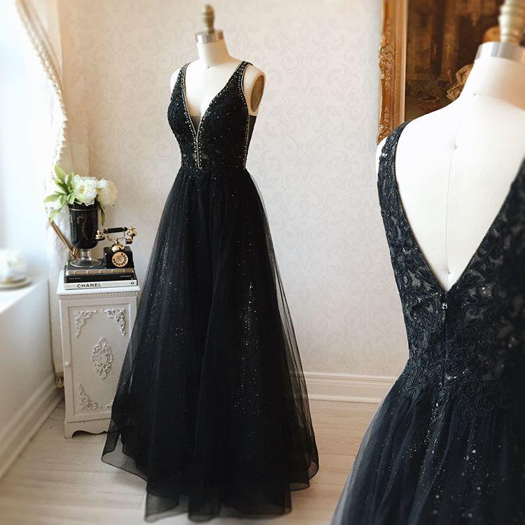 V-neck Black Floor Length Long Prom Dresses Modest Party Gowns cg18295