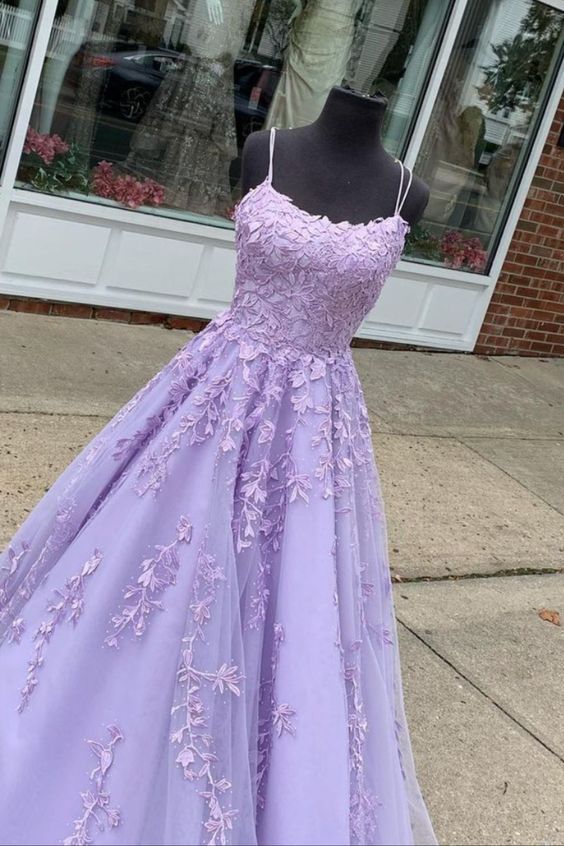 A-line lavender lace appliqued long prom dress formal gown cg18299