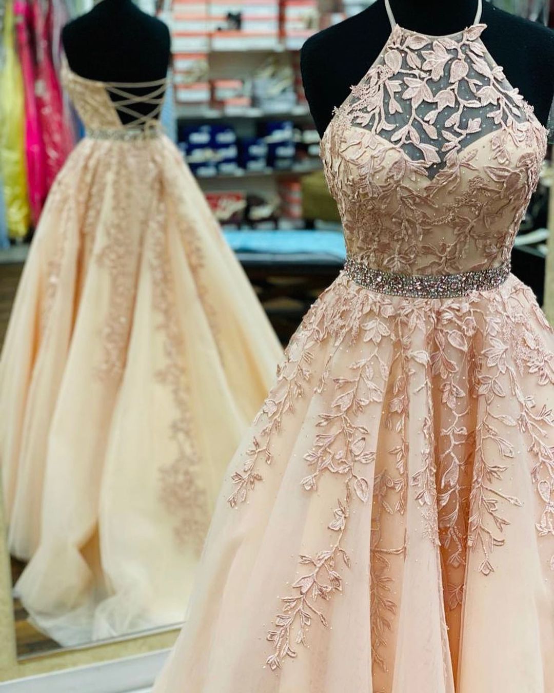 Halter Pink Lace Appliques Tulle Long Prom Dress cg18300