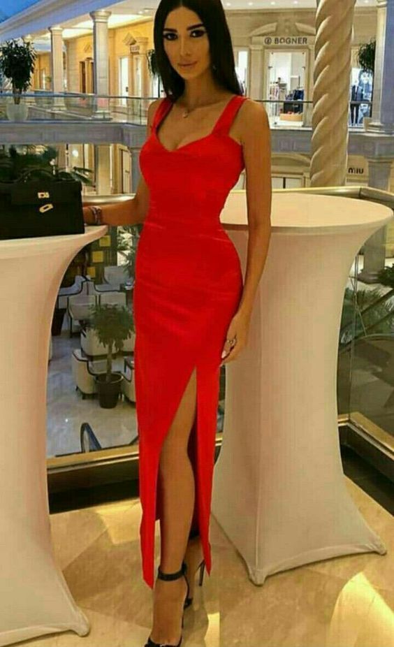 Straps Simple Satin Prom Dress With Split cg18312