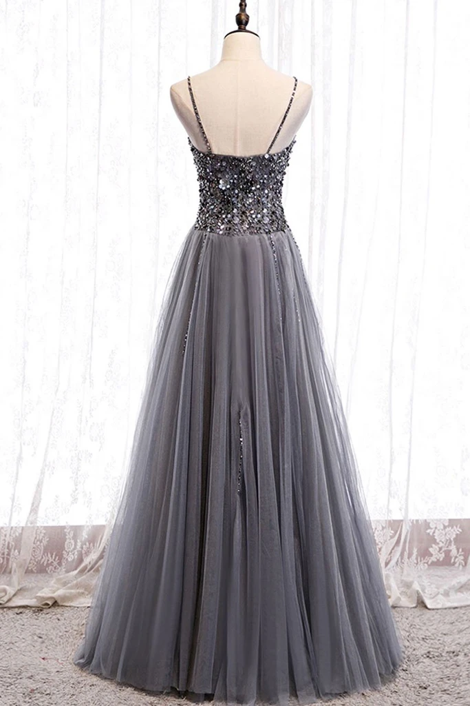 Sweetheart Neck Grey Sequins Tulle Long Prom Dress, Grey Sequins Formal Evening Dress cg18317