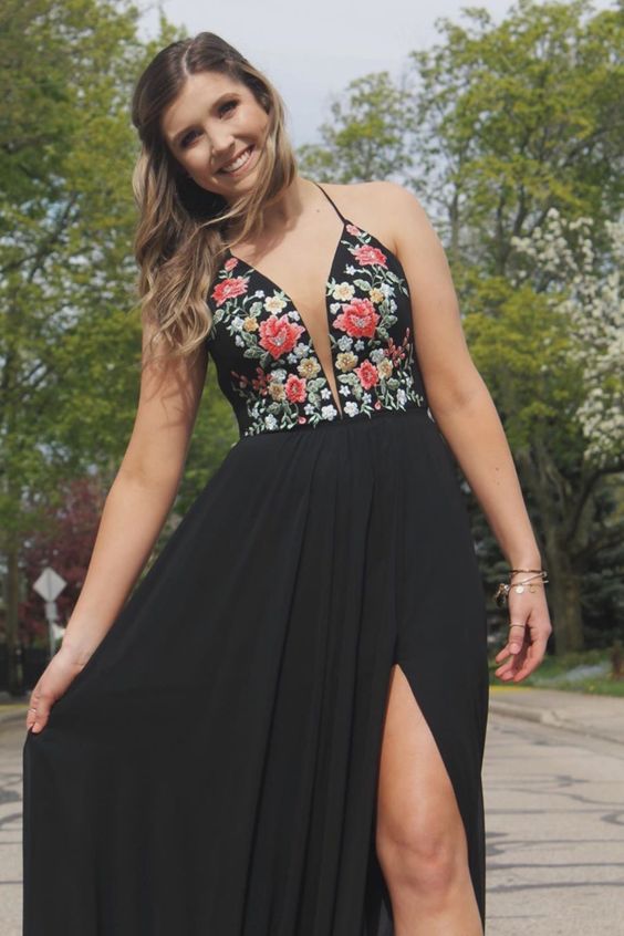 Black Long Prom Dress with Floral Embroidery cg18328