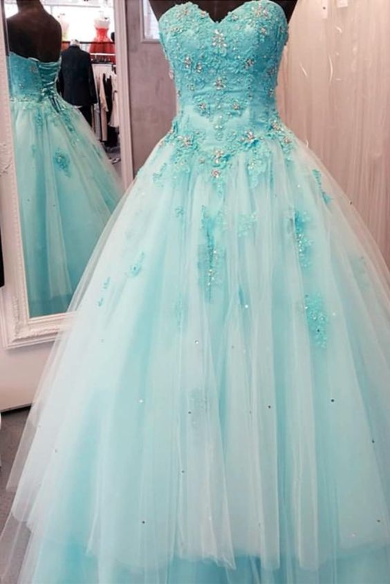 Elegant Cinderella Blue Quinceanera prom Dresses Sweetheart Appliques Beaded Princess Ball Gown Tulle Floor Length cg18331