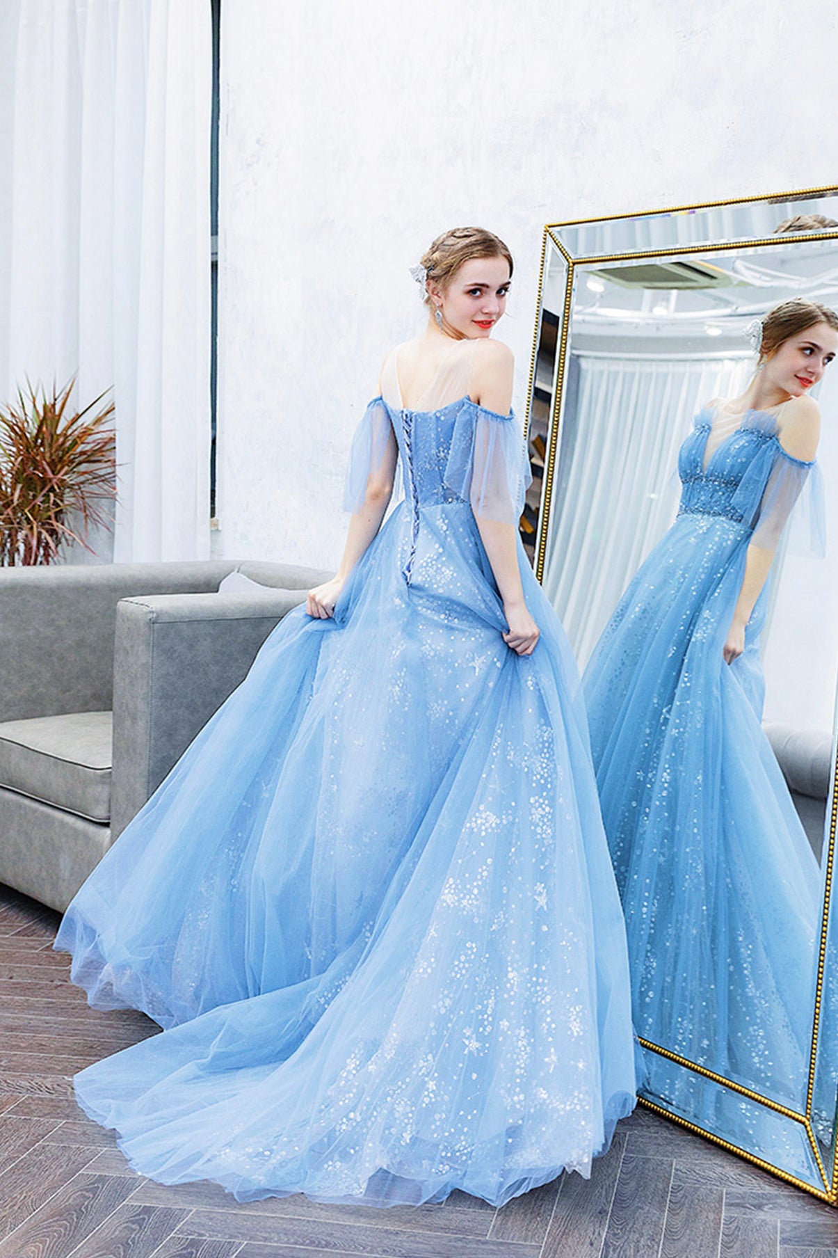 BLUE TULLE SEQUINS LONG PROM DRESS A LINE EVENING DRESS cg18336