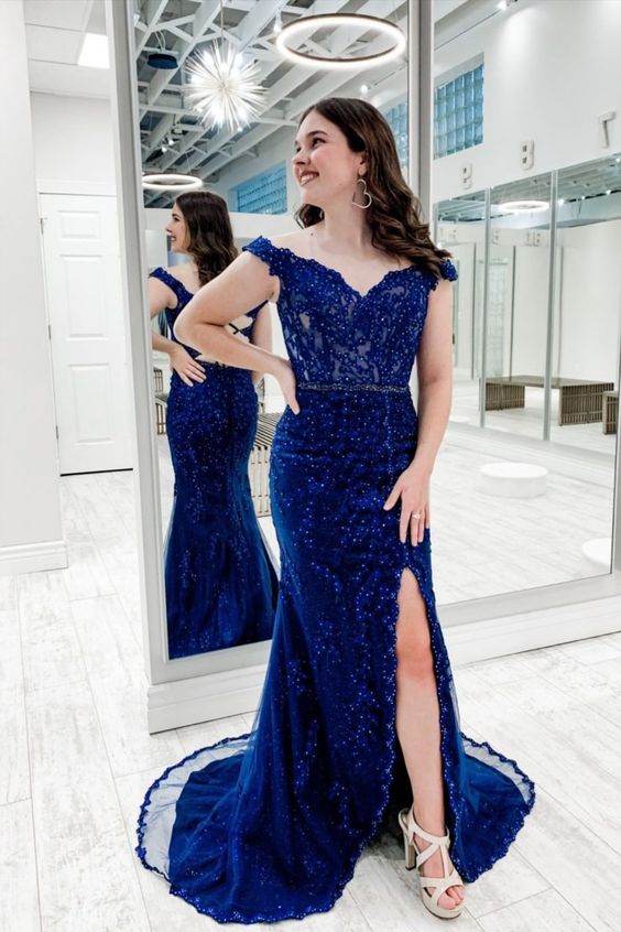 Royal Blue Beaded Prom Dress with Slit cg18340