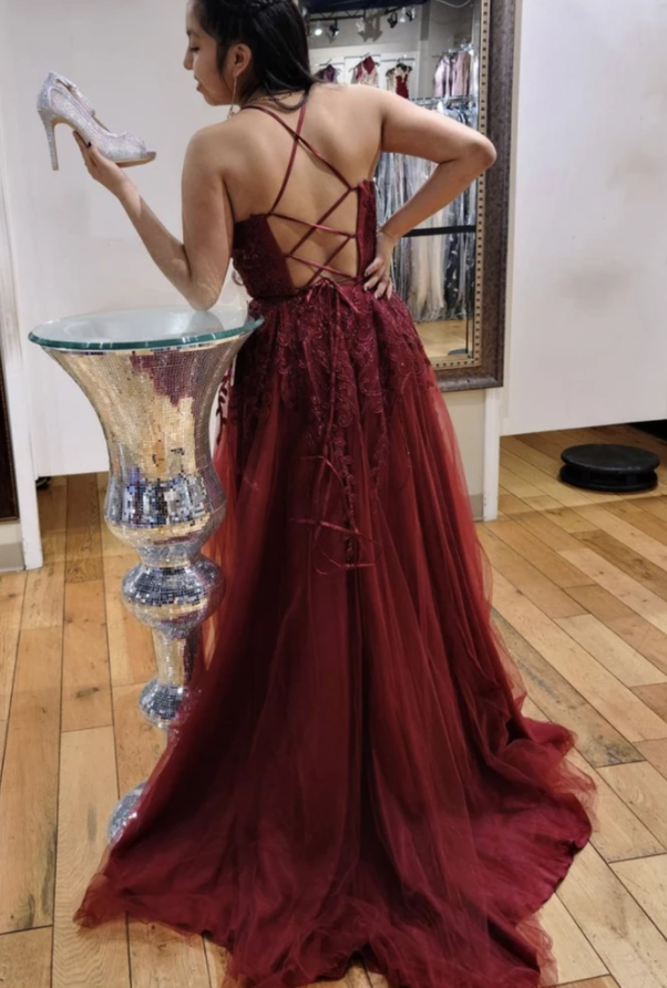 Burgundy lace long prom dress A line evening dress cg18368