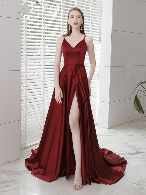 Spaghetti Straps Floor-Length Split-Front Evening Dress prom gown cg18373