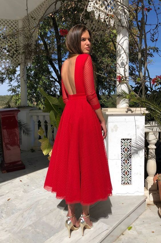 Red a line tea length backless prom dress cg18388