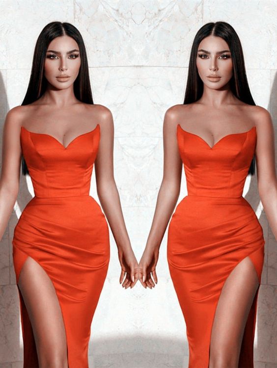 Long Sexy Strapless Mermaid Orange Satin Prom Evening Gown With Side Split cg18408