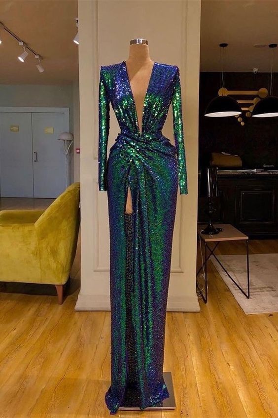 Chic Teal Sequined Sheath Prom Party Dress V Neck Long Sleeves With Slit cg18422