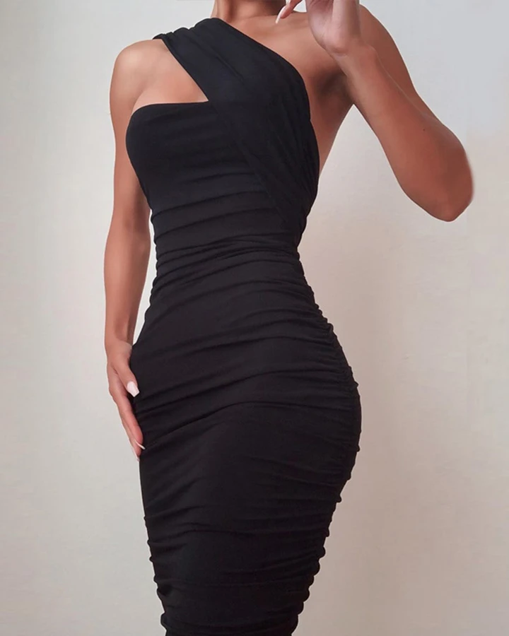 Prom Party Dress Sexy One-shoulder Smocked Sleeveless Bodycon Dress cg18426