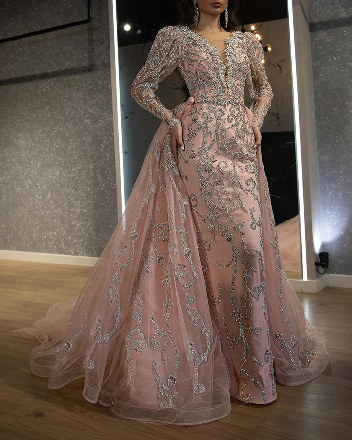 Prom Party Dress Slim-fit Sequined V-neck Long Sleeve Evening Dress cg18431