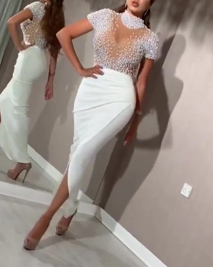 Prom Party Dress See-through Beaded Short Sleeve Evening Dress cg18436