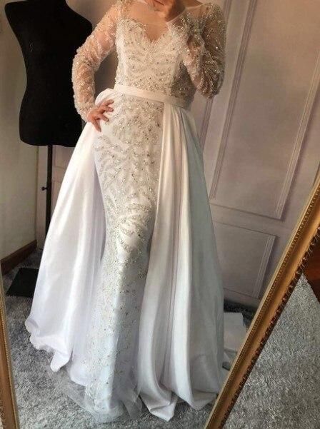 Luxury Mermaid Evening Dresses Attachable Train Long Sleeves Beading Crystal Sparkly Evening Gown Prom Party Dress cg18440