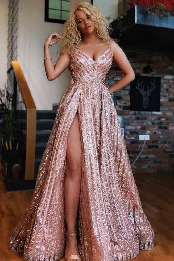 Shiny Spaghetti Straps Rose Gold Sequin V Neck Long Prom Dresses Formal Evening Fancy Dress cg18444