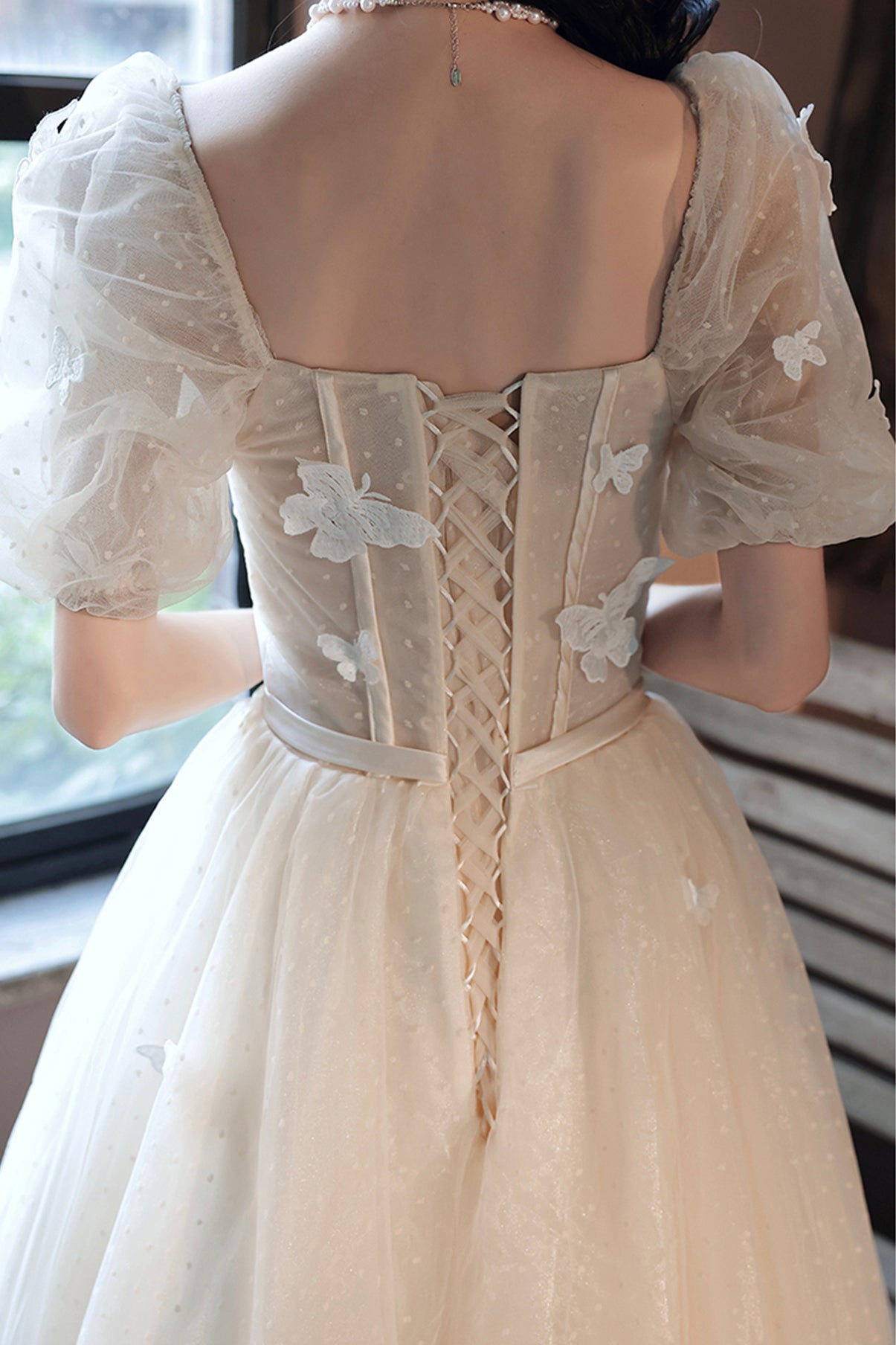 CHAMPAGNE TULLE LONG PROM DRESS A LINE EVENING DRESS cg18473