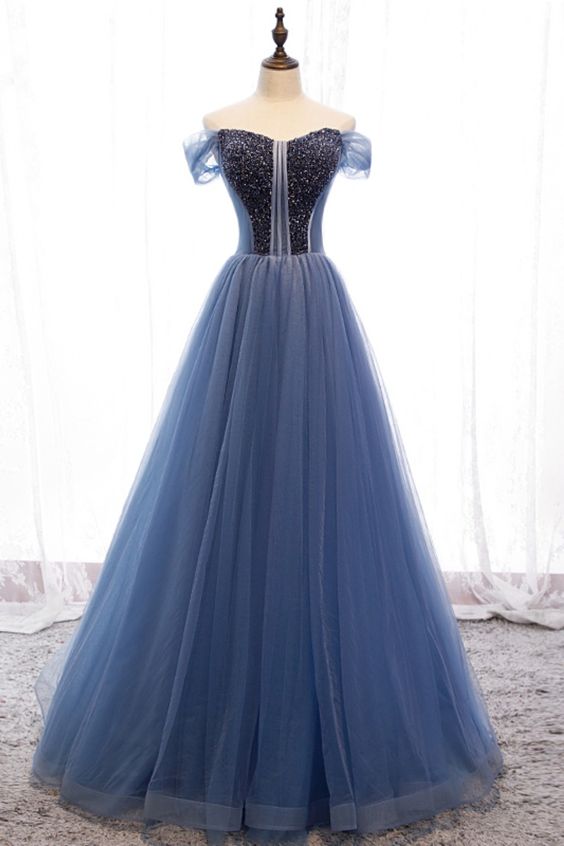 off the shoulder blue long prom dress cg18474