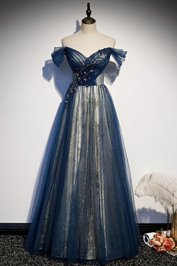 off the shoulder navy blue tulle long formal dress prom dress cg18480