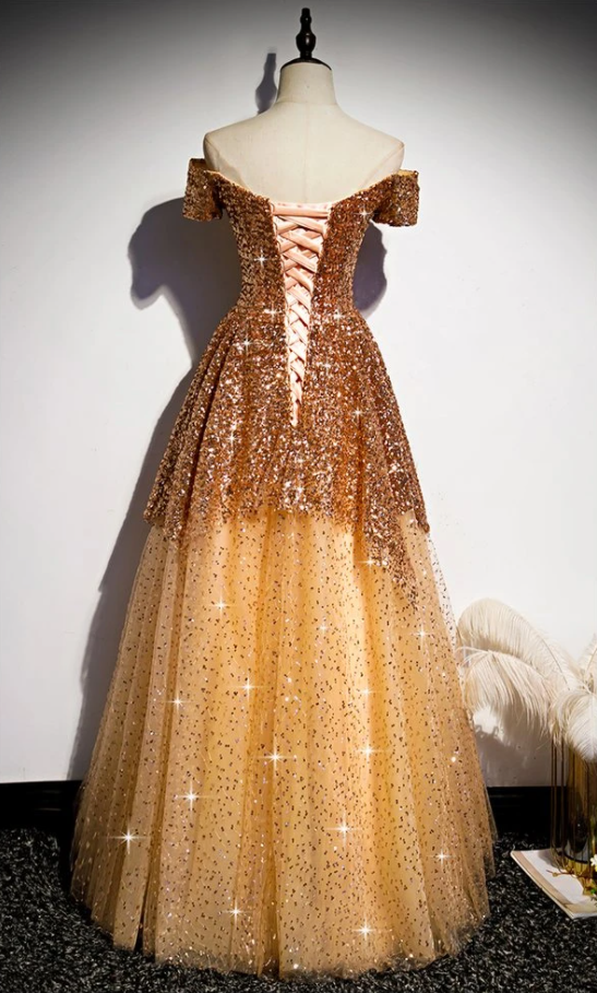 Gorgeous Gold Sequins Long Formal Gown, A-Line Golden Tulle Prom Dress cg18539