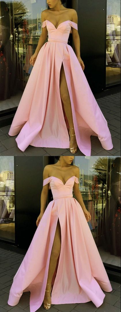 Sexy long pink satin off the shoulder prom dresses side split evening gown cg18551