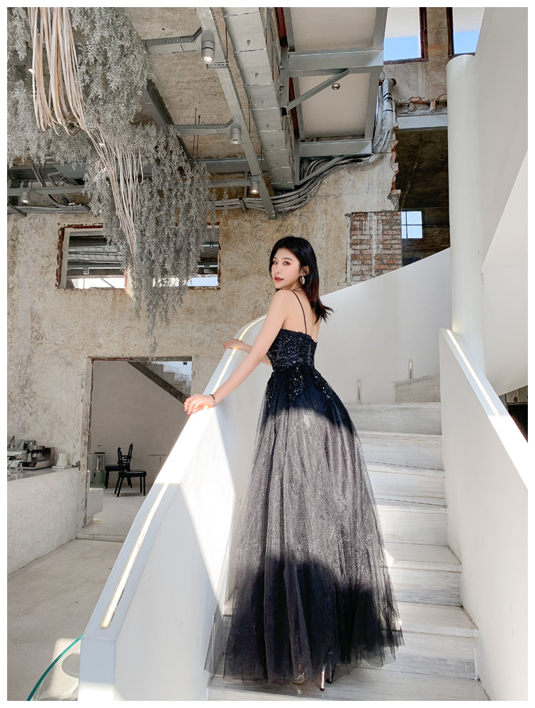 BLACK V NECK LACE LONG PROM DRESS A LINE EVENING DRESS cg18558