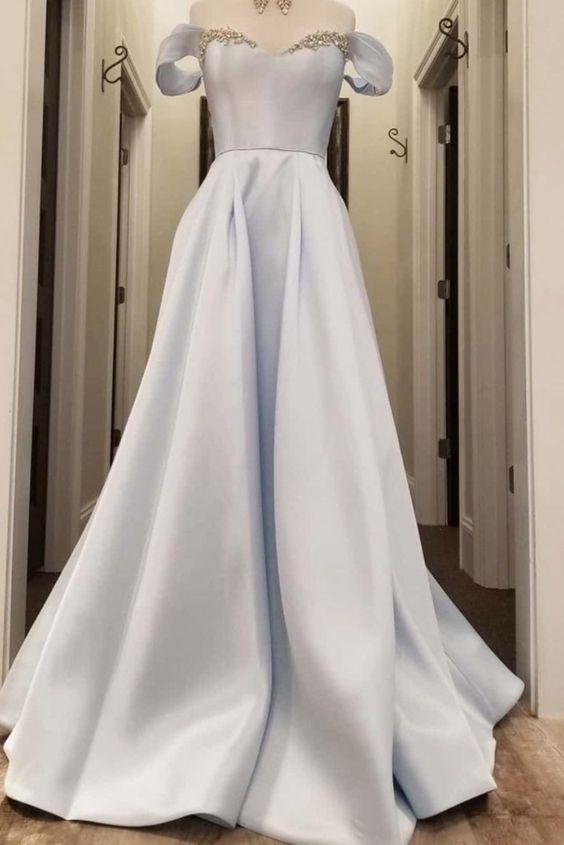 off the shoulder light blue satin long prom dress cg18563