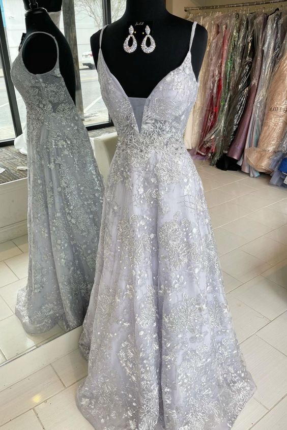 2021 A-line silver lace appliqued long prom dress formal dress cg18564
