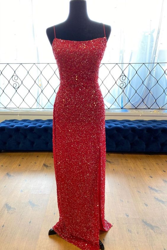 mermaid red sequined long prom dress with spaghetti straps and side slit cg18570
