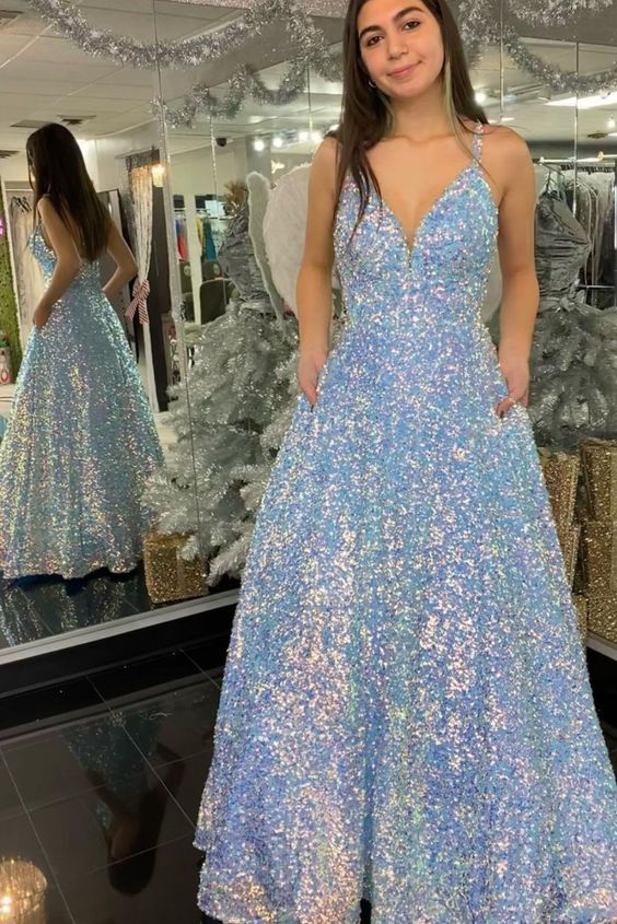 A-line light blue sequined long prom dress with pockets cg18576