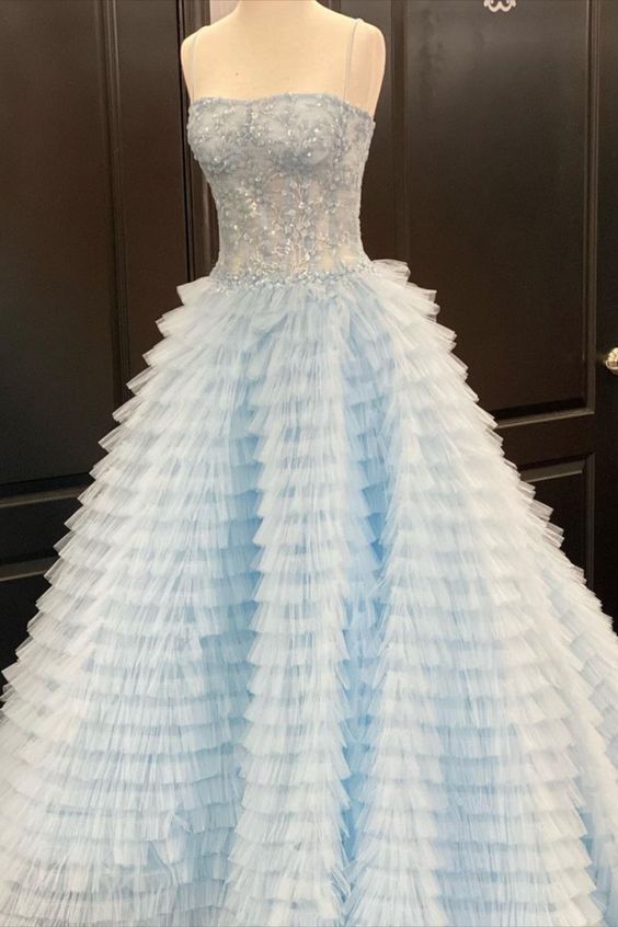 strapless light blue tiered long ball gown prom dress cg18578