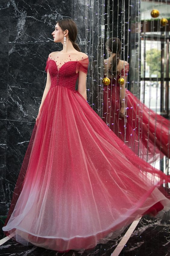 Glitter Off the Shoulder Beaded Tulle Prom Dress cg18586