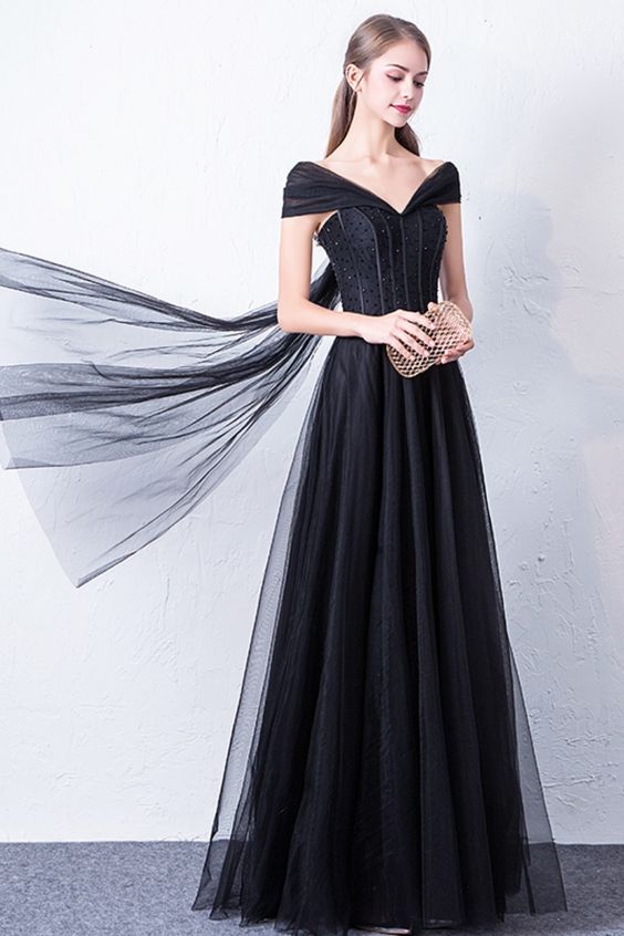 A-Line Cap Sleeve Beaded Black Tulle Prom Dress cg18589