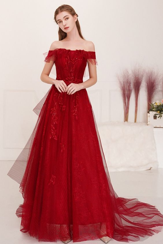 A-Line Off the Shoulder Appliques Red Prom Dress cg18590