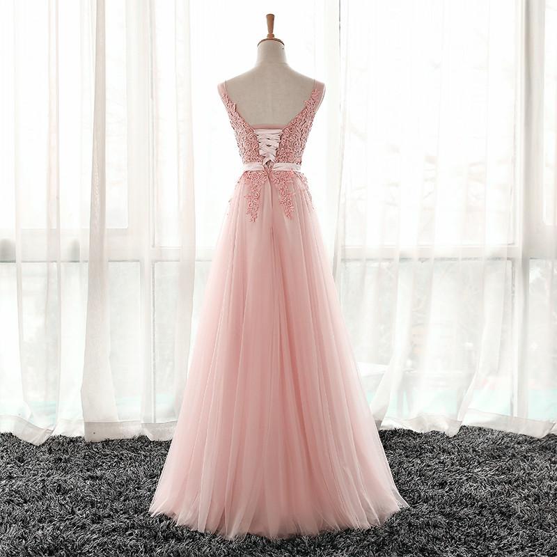 Pink Tulle V-Neckline Lace Applique Floor Length Party Dress, Pink Prom Dress 2021 cg18603