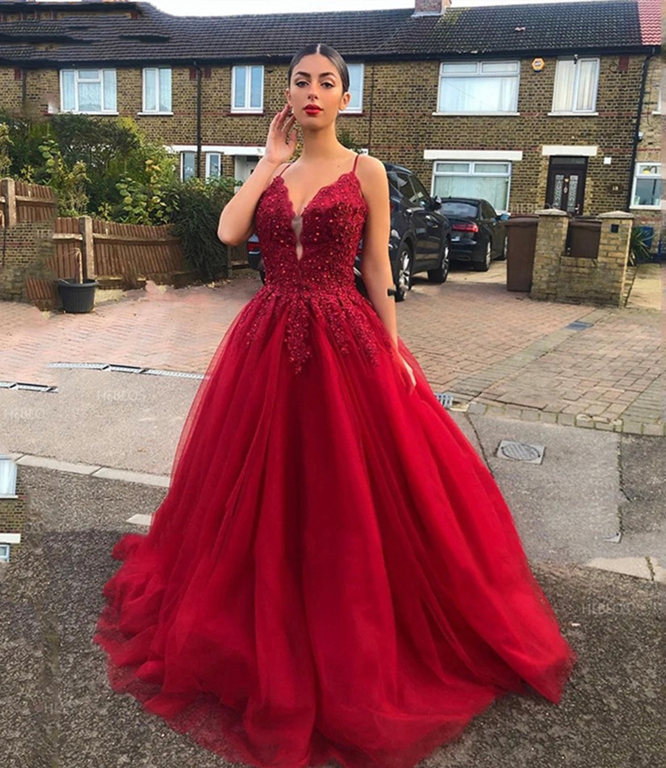 RED LACE LONG BALL GOWN PROM DRESS A LINE EVENING DRESS cg18605