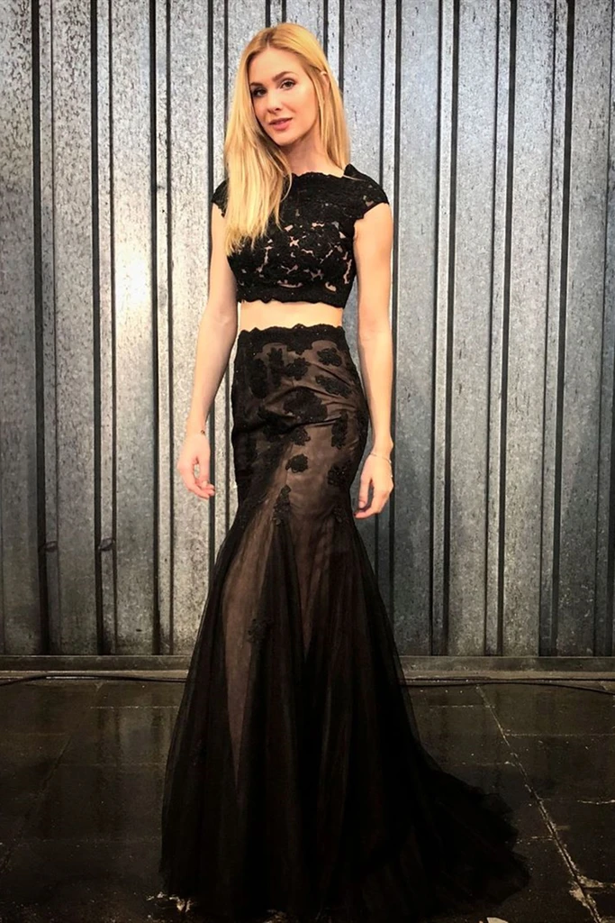 Mermaid 2 Pieces Black Lace Long Prom Dress, Mermaid Black Formal Dress, Two Piece Black Evening Dress cg18609