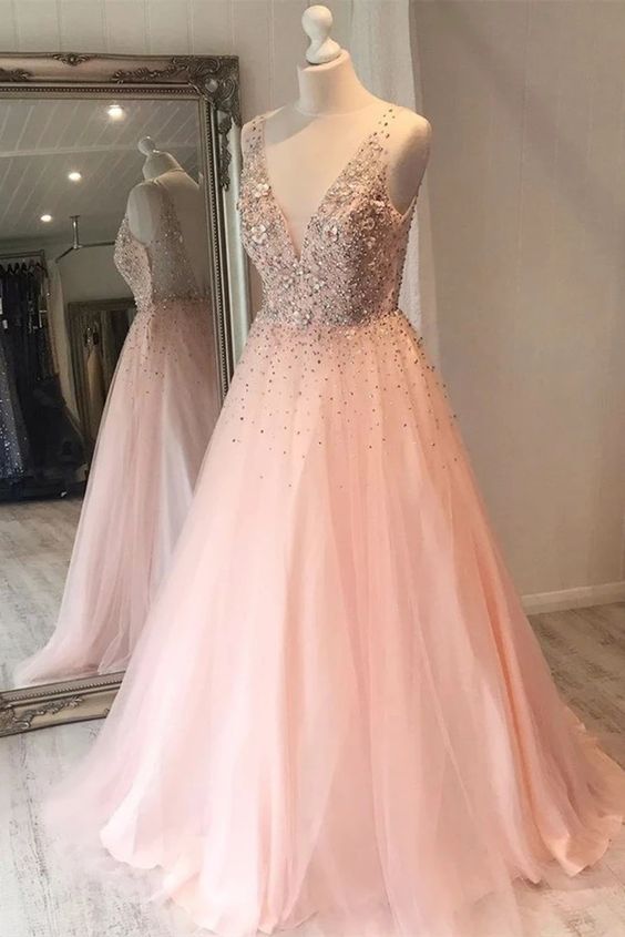 A Line V Neck Sequins Pink Long Prom Dress, Pink Formal Graduation Evening Dress cg18618